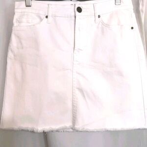 ANA White Denim Mini Skirt Sz 4 A-line Raw Hem Button Zipper Fly Closure